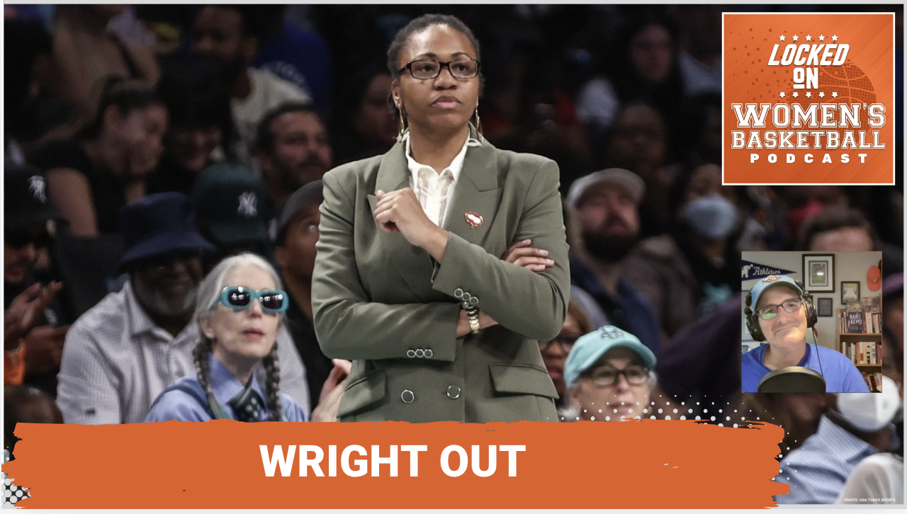 Graphic with photo of former Atlanta Dream head coach Tanisha Wright wearing a green suit on the sidelines during a game. Locked On Women's Basketball logo at top right, white text on orange background below reads "Wright Out." Headshot of host Howard Megdal at lower right.